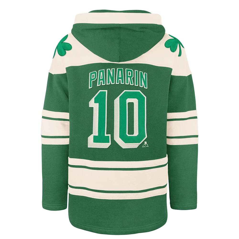Men's '47 Artemi Panarin Kelly Green New York Rangers St. Patrick's Day Player Name & Number Lacer Pullover Hoodie