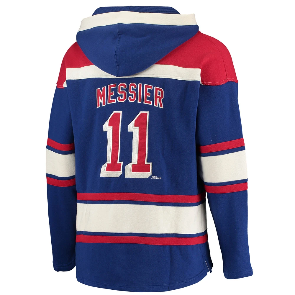 Chandail à capuchon Lacer '47 Mark Messier pour hommes, bleu, nom et numéro de joueur retraité des Rangers New York