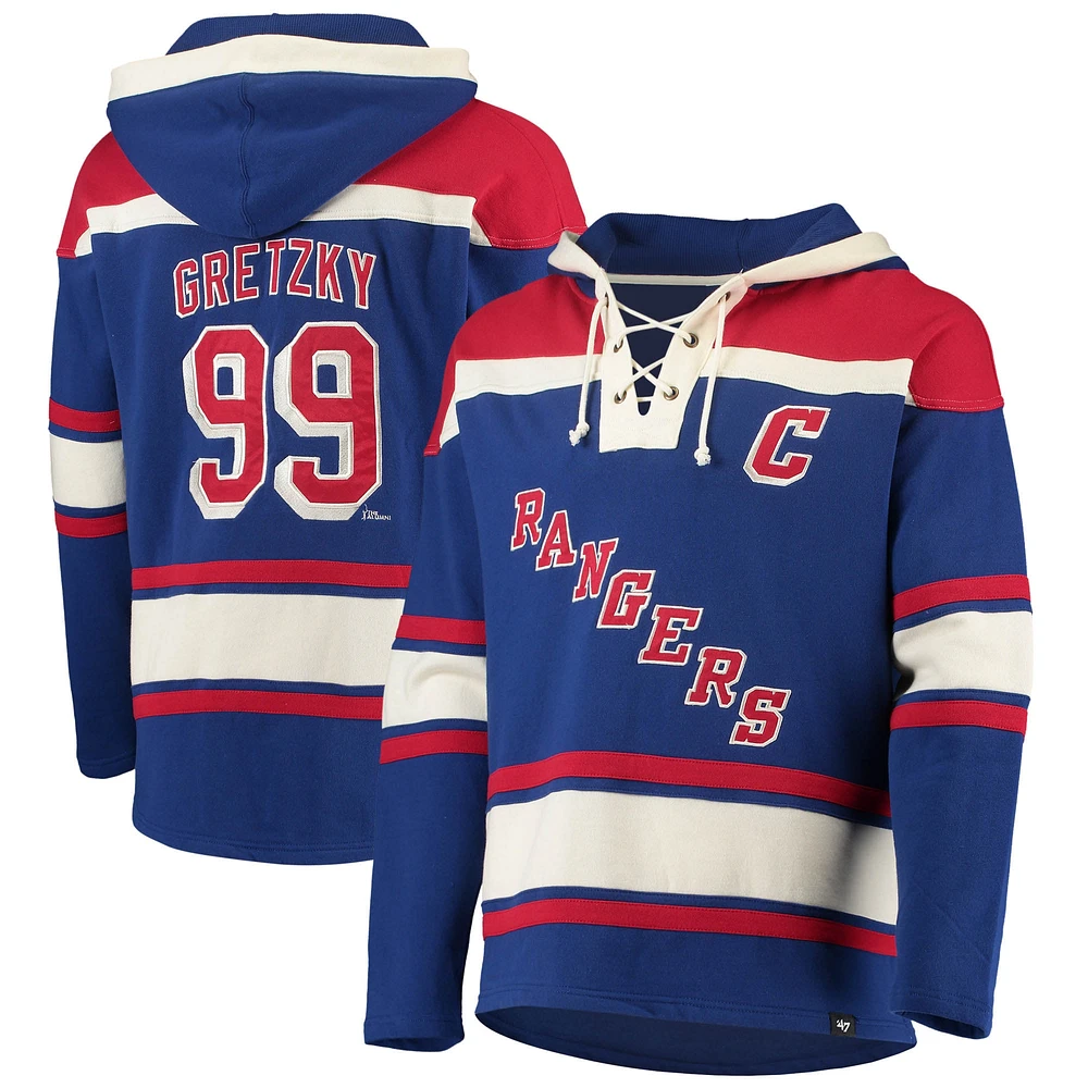 Chandail à capuchon Lacer avec nom et numéro de joueur la retraite des Rangers New York 47 Wayne Gretzky bleu pour homme