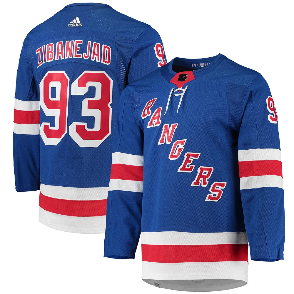 Maillot de joueur authentique adidas Mika Zibanejad pour hommes, bleu New York Rangers domicile Primegreen