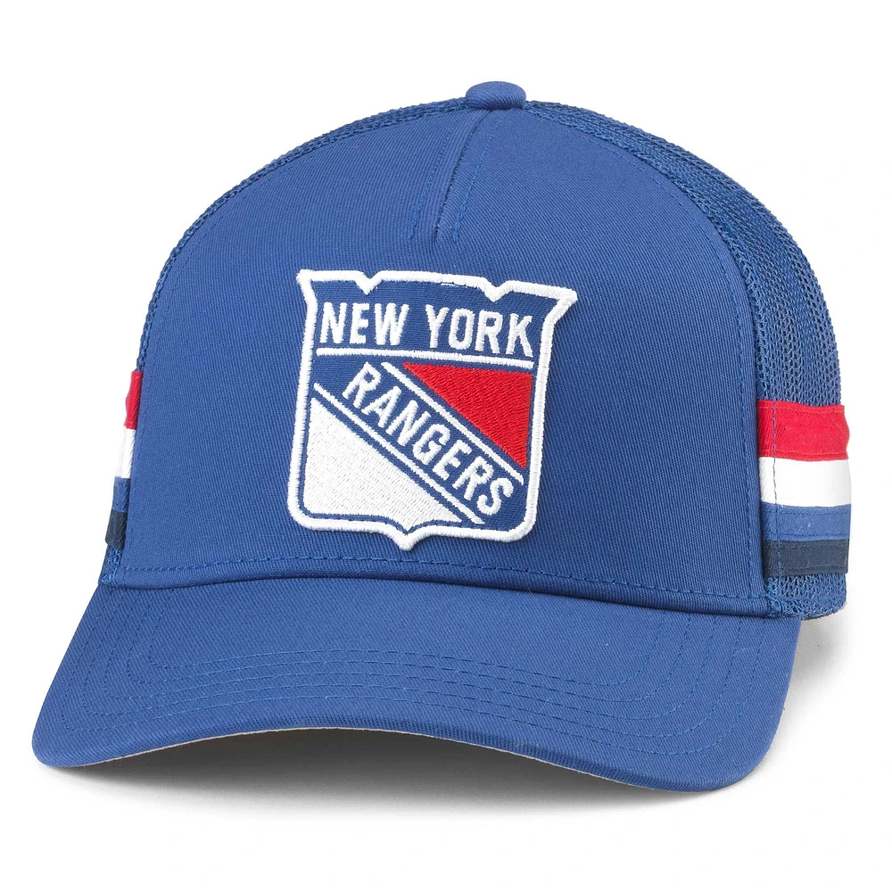 Casquette réglable de camionneur American Needle bleue des New York Rangers HotFoot Stripes pour hommes