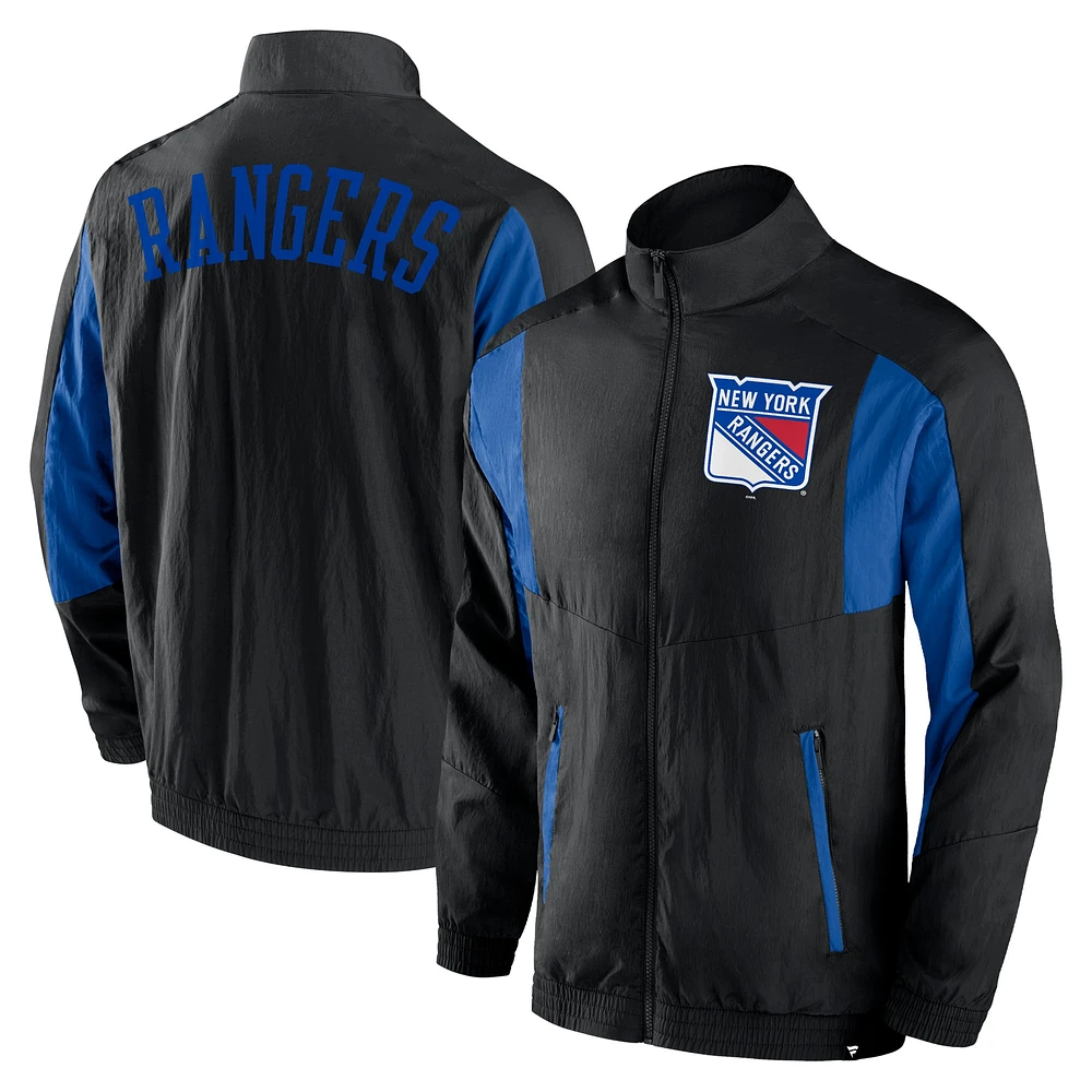 Veste coupe-vent entièrement zippée New York Rangers Step Up Crinkle Raglan noire pour homme