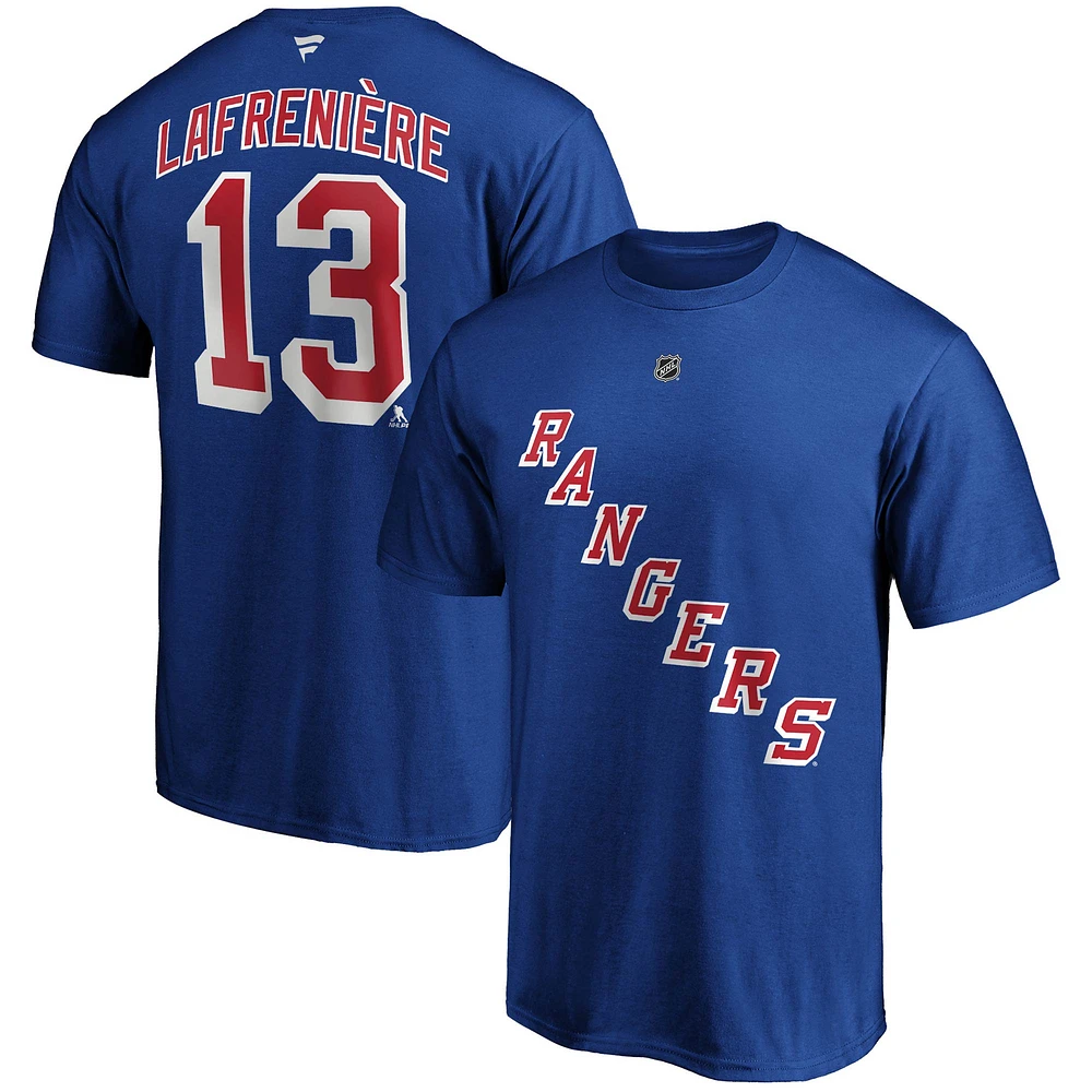 T-shirt bleu avec nom et numéro Fanatics Alexis Lafrenière pour hommes des Rangers de New York