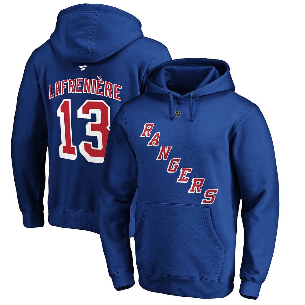 Fanatics pour hommes Alexis Lafrenière Royal New York Rangers Authentique Stack Player Nom et numéro Pull à capuche ajusté