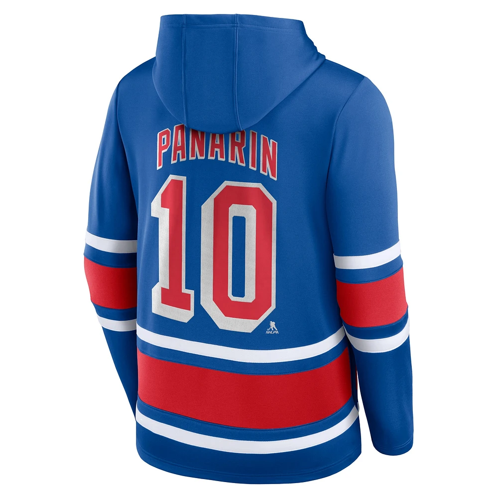 Chandail à capuchon lacets avec nom et numéro des Fanatics Artemi Panarin Royal New York Rangers pour hommes