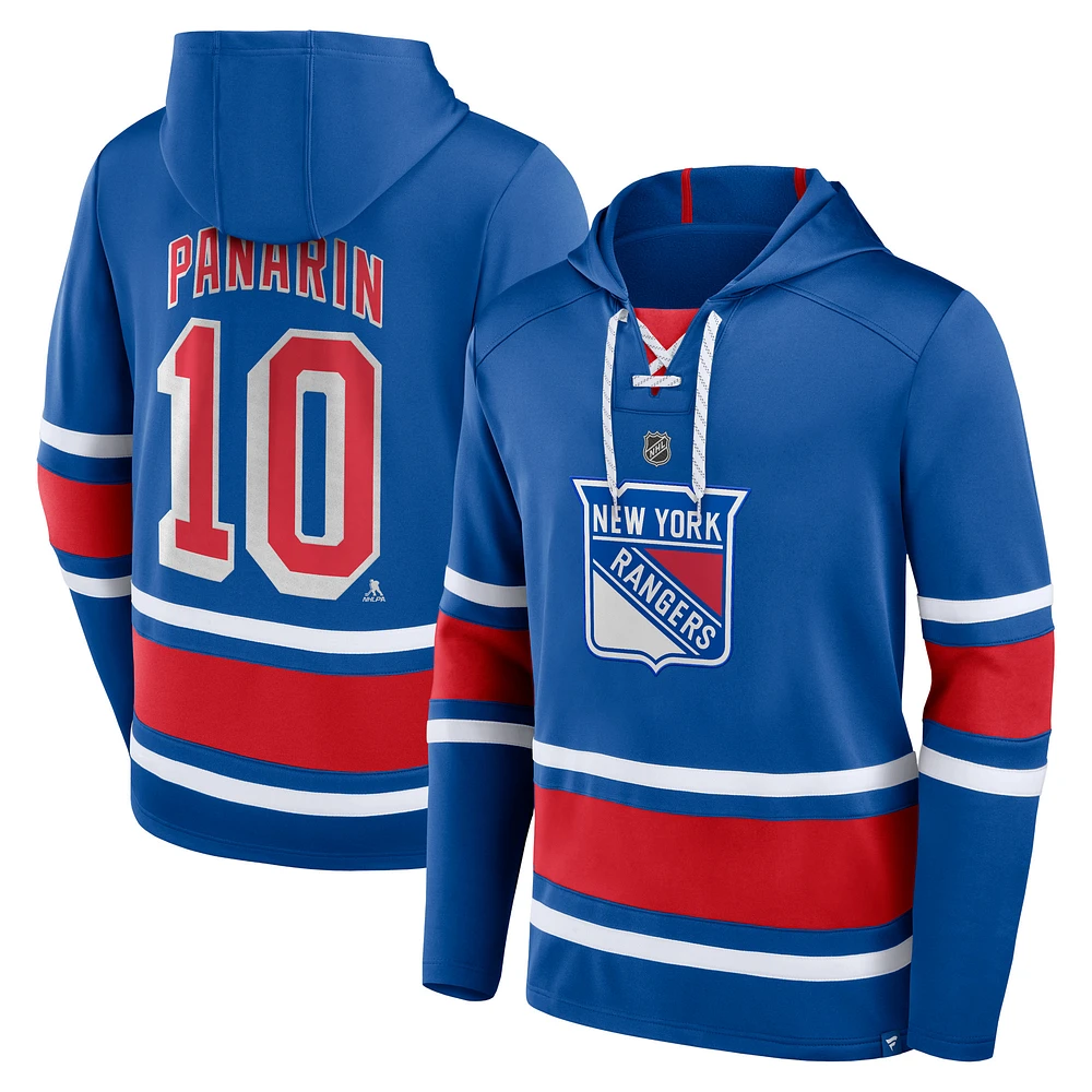 Chandail à capuchon lacets avec nom et numéro des Fanatics Artemi Panarin Royal New York Rangers pour hommes