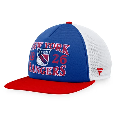 Casquette Snapback de camionneur vintage en mousse sur le devant en mousse Fanatics bleu/rouge New York Rangers Heritage pour hommes