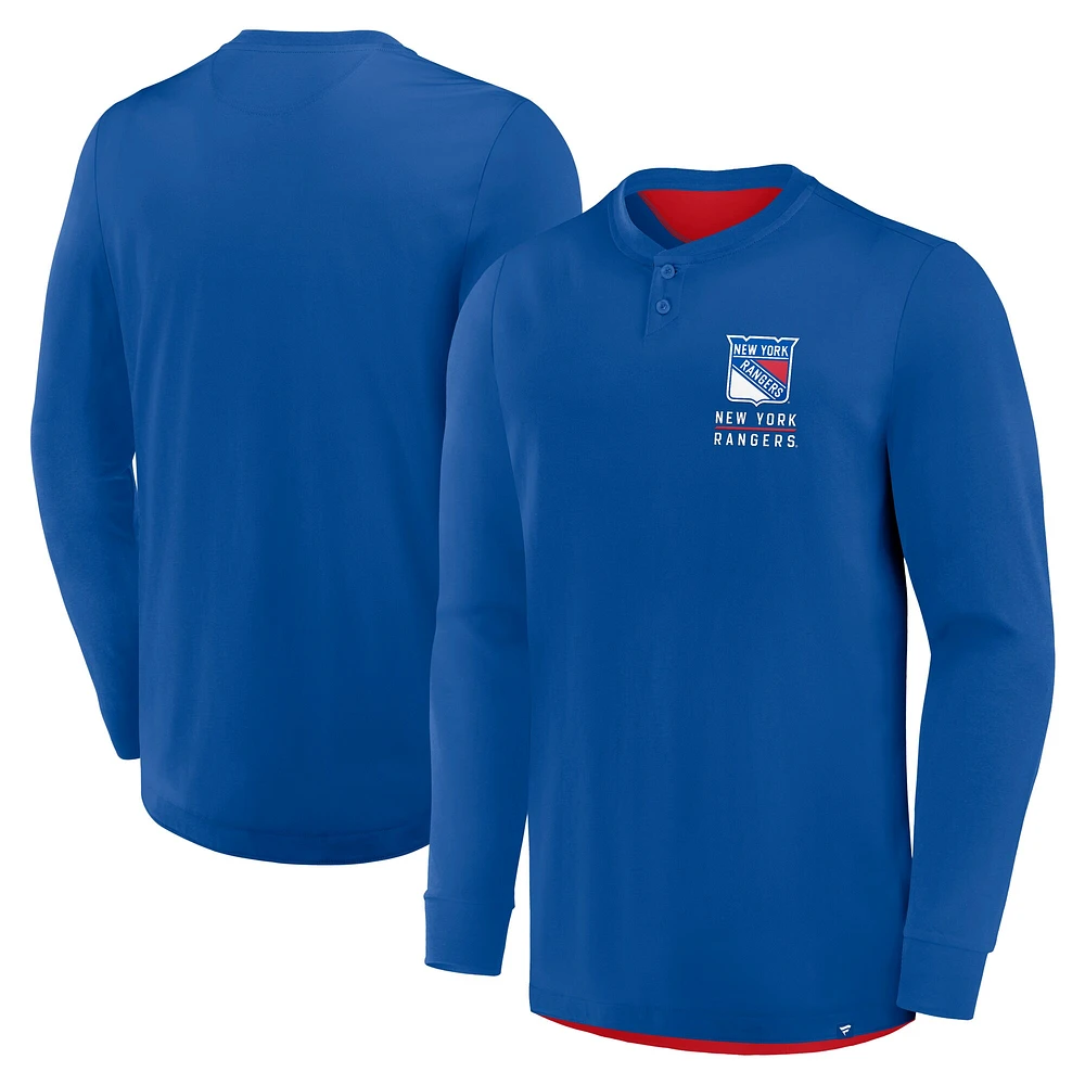 T-shirt Henley à manches longues Adrenaline Push bleu New York Rangers Fanatics pour homme