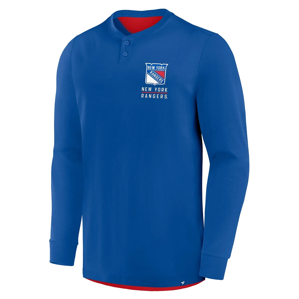 T-shirt Henley à manches longues Adrenaline Push bleu New York Rangers Fanatics pour homme