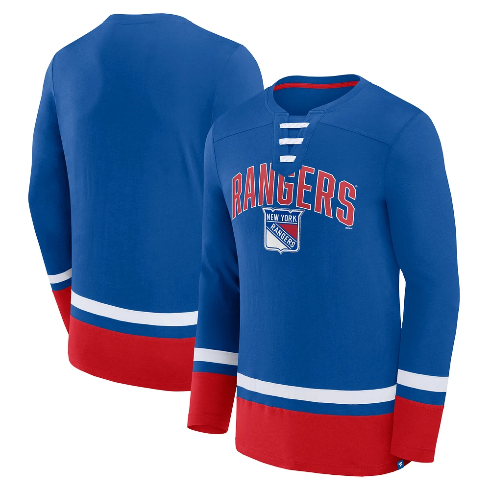 Men's Fanatics Blue New York Rangers Back Pass Lace-Up Long Sleeve T-Shirt