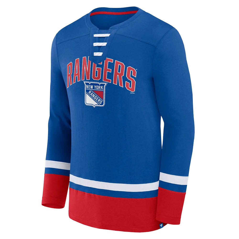 Men's Fanatics Blue New York Rangers Back Pass Lace-Up Long Sleeve T-Shirt