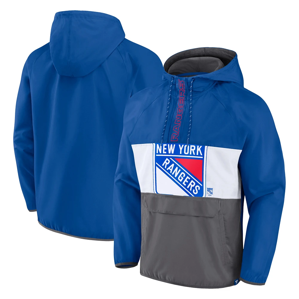 Men's Fanatics Blue New York Rangers Flagrant Foul Anorak Raglan Half-Zip Hoodie Jacket