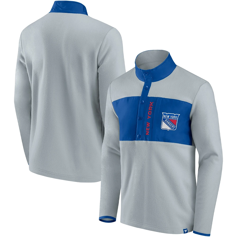 Veste de hockey en polaire à quart bouton-pression Fanatics pour hommes, gris/bleu, New York Rangers