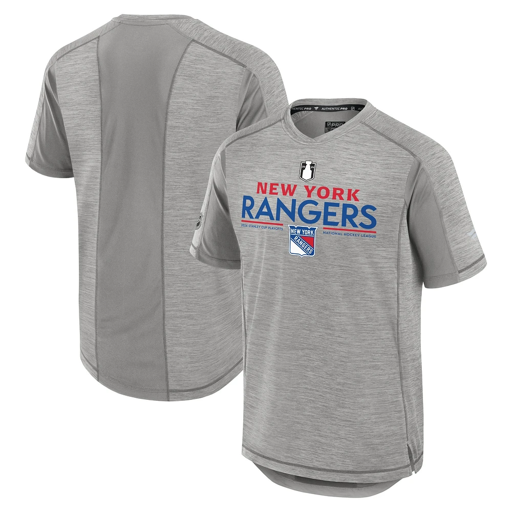 T-shirt professionnel authentique des séries éliminatoires de la Coupe Stanley 2024 Rangers New York Fanatics gris pour hommes