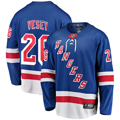 Maillot de joueur échappé à domicile Fanatics Jimmy Vesey bleu des New York Rangers pour hommes