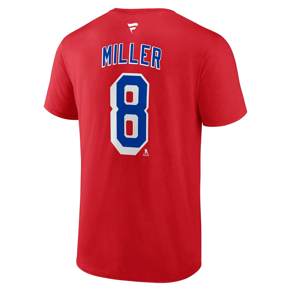 T-shirt rouge authentique pour homme Fanatics J.T. Miller des Rangers de New York avec nom et numéro Stack