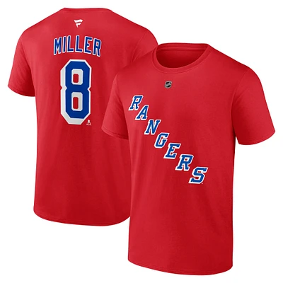 T-shirt rouge authentique pour homme Fanatics J.T. Miller des Rangers de New York avec nom et numéro Stack
