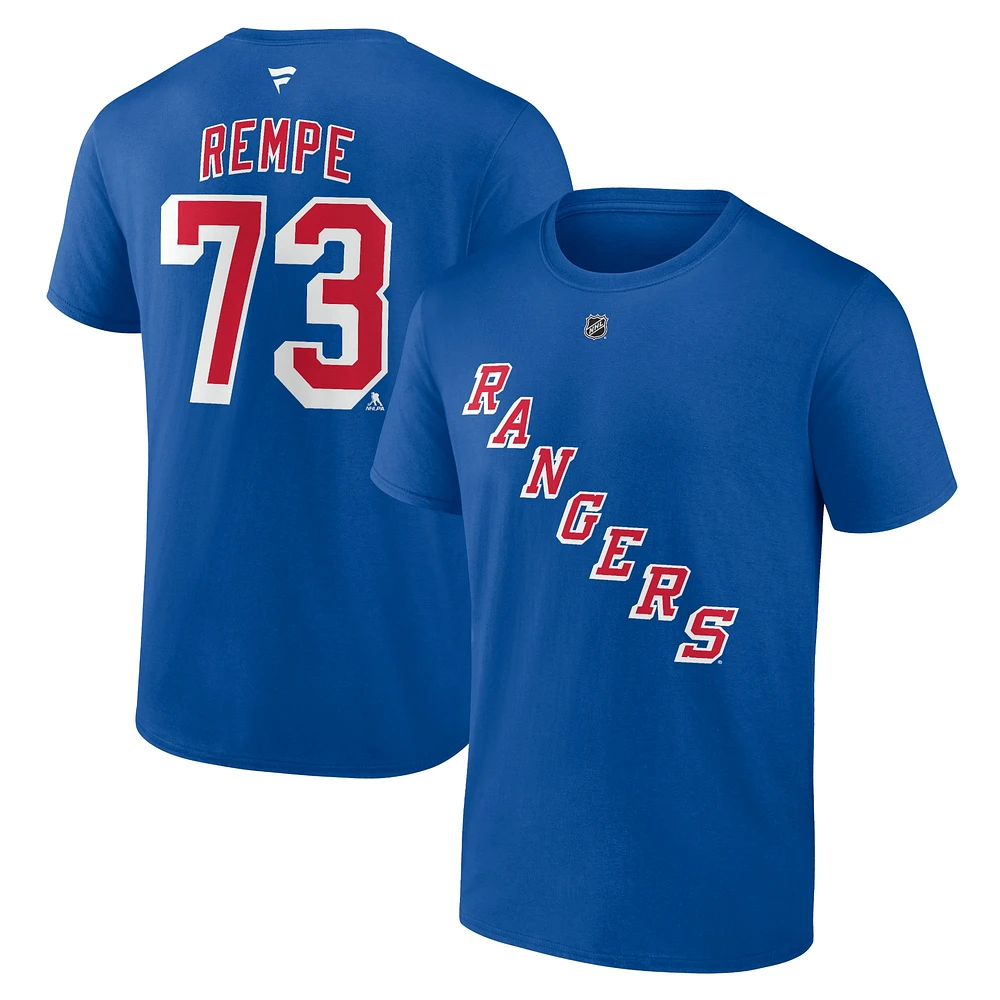 T-shirt authentique avec nom et numéro de pile des New York Rangers Fanatics Matt Rempe bleu pour hommes