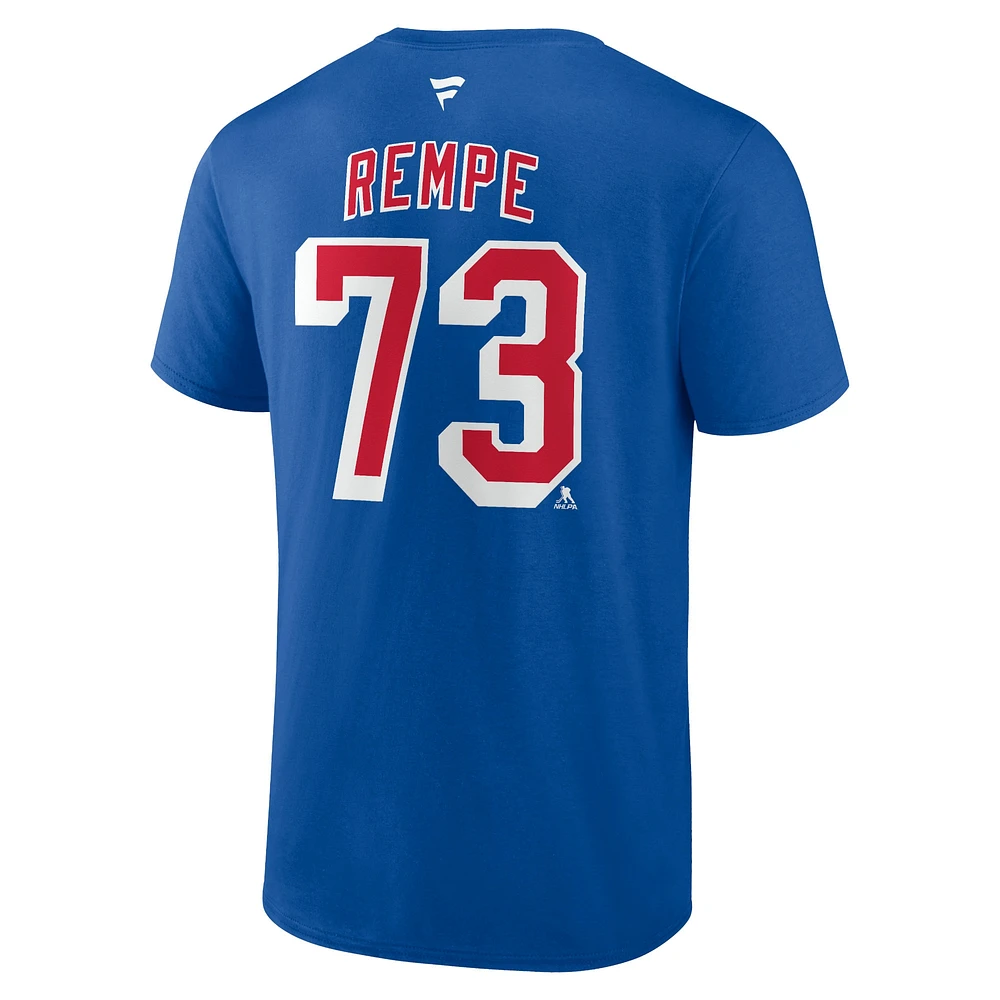 T-shirt authentique avec nom et numéro de pile des New York Rangers Fanatics Matt Rempe bleu pour hommes