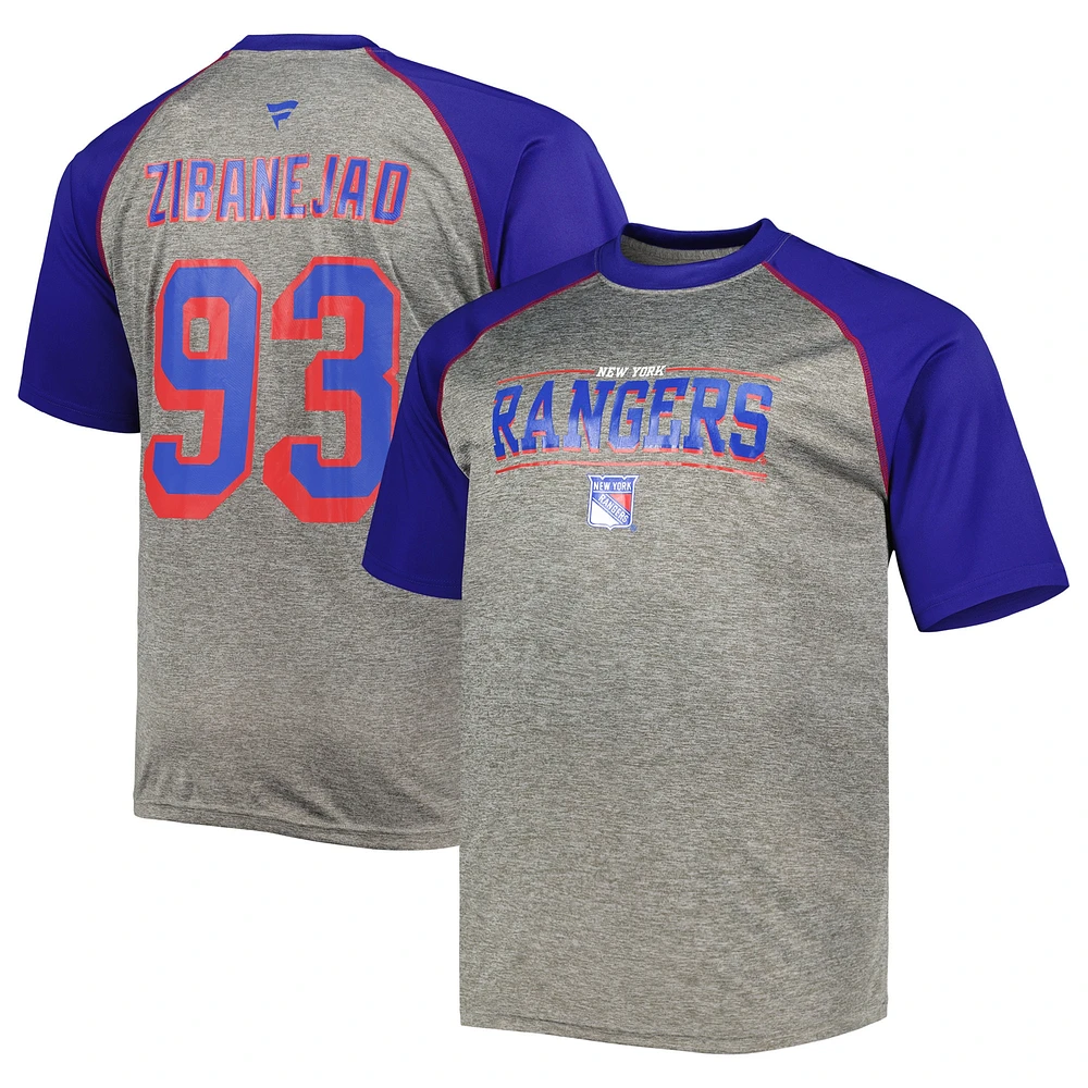 T-shirt avec nom et numéro raglan contrasté Big & Tall des New York Rangers Fanatics Mika Zibanejad pour hommes, gris chiné/bleu