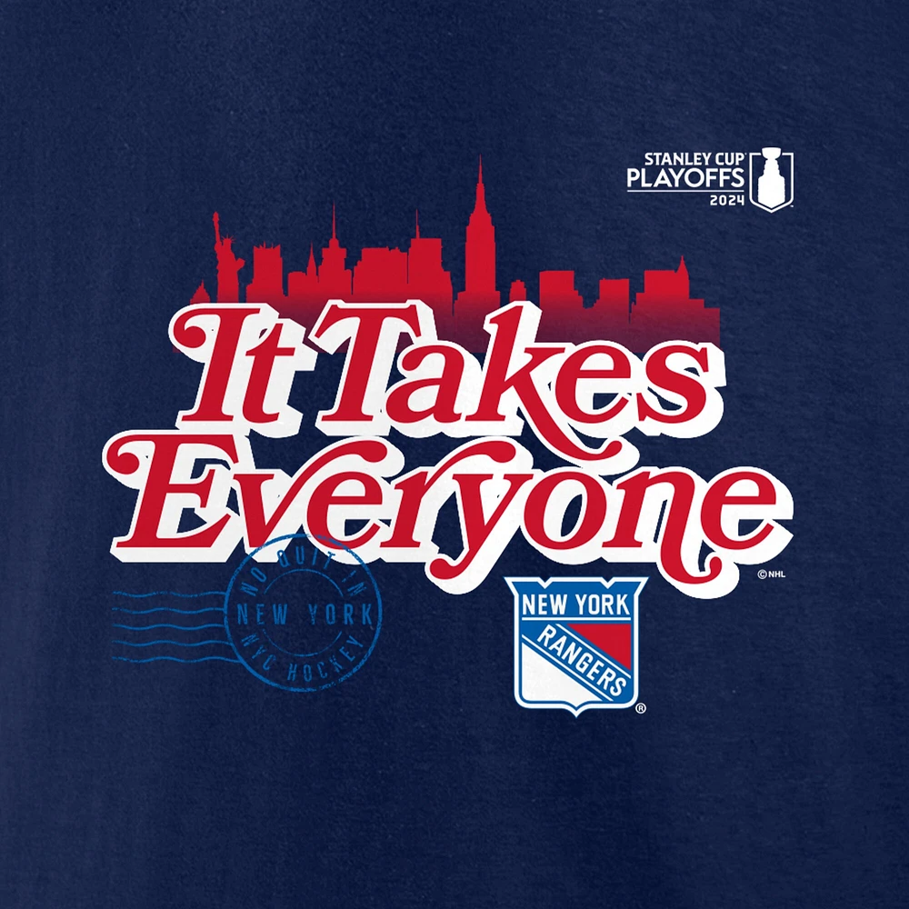 T-shirt à slogan des séries éliminatoires de la Coupe Stanley 2024 Rangers New York Fanatics pour hommes, bleu marine