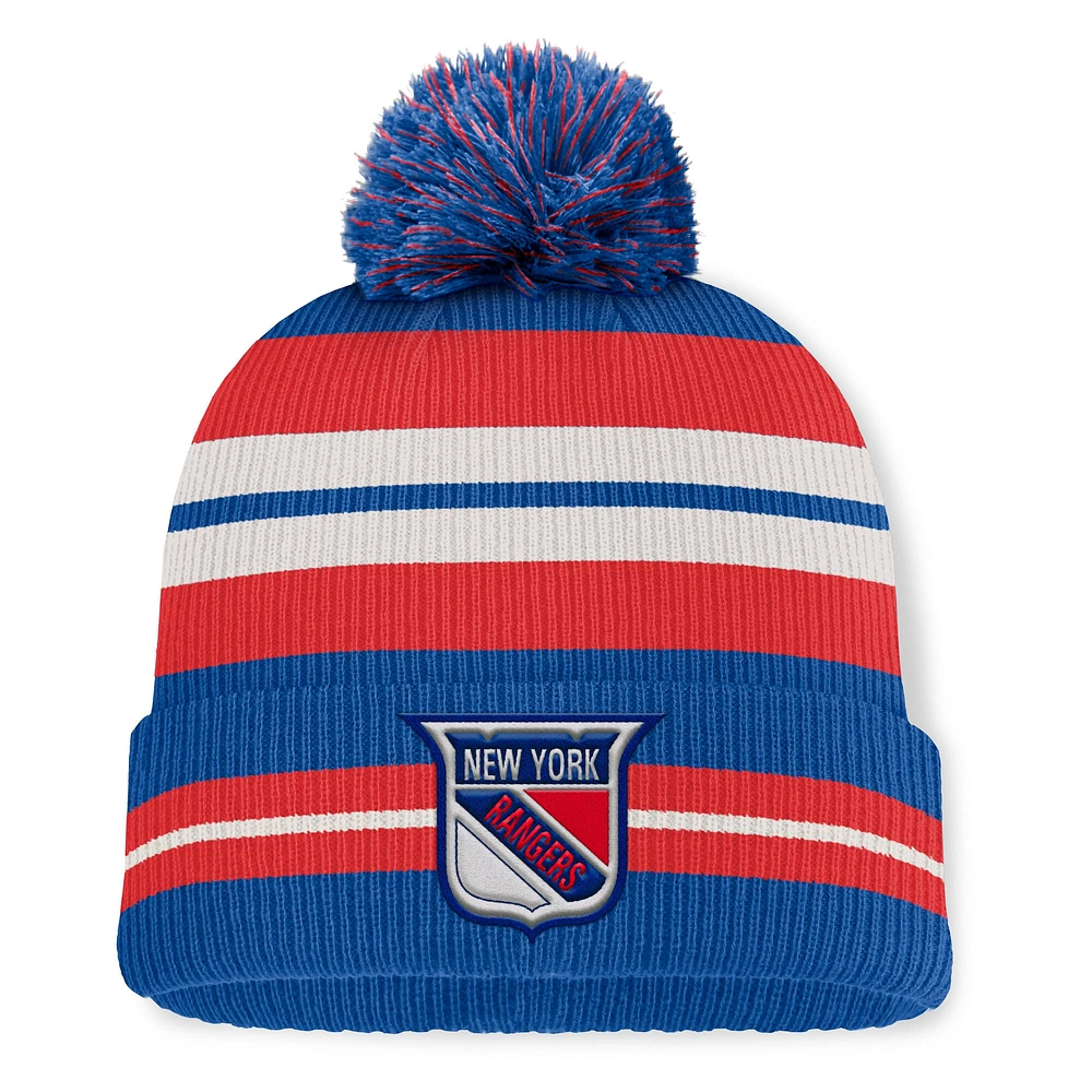 Bonnet en tricot à revers avec pompon pour homme Fanatics Royal/Cream New York Rangers Decades Collection