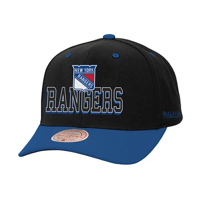 Casquette ajustable Mitchell & Ness New York Rangers noire/bleue avec inscription arrière bicolore Pro Crown pour homme