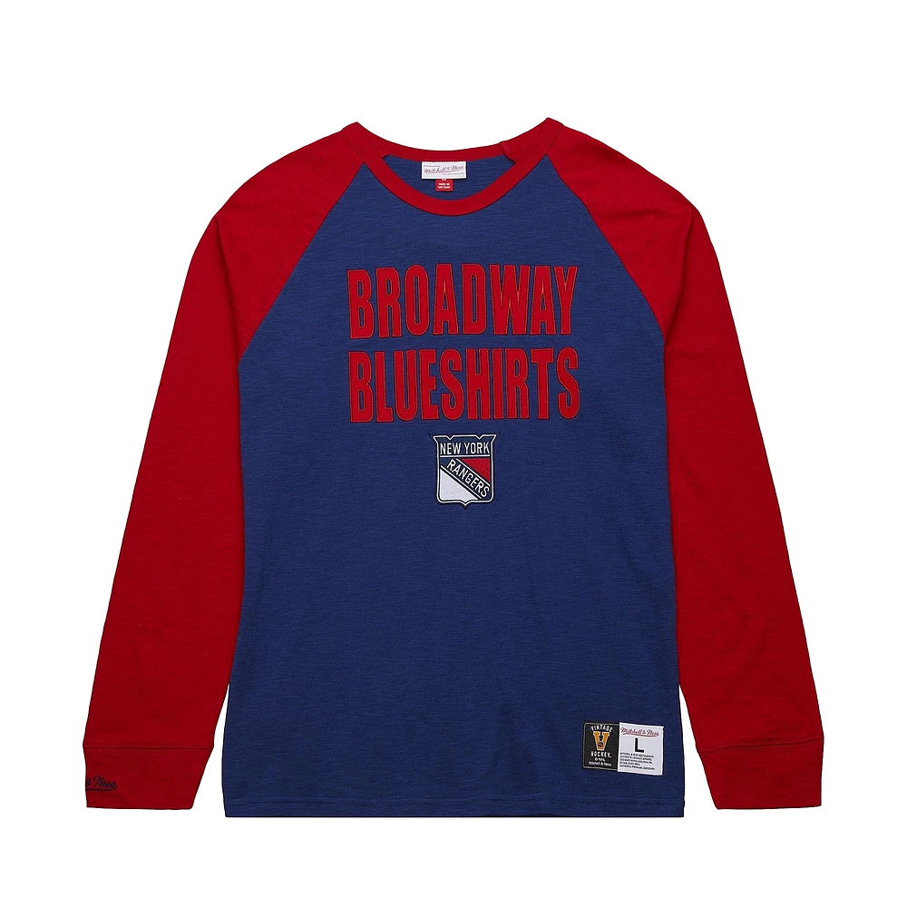 T-shirt à manches longues raglan bleu/rouge pour homme Mitchell & Ness New York Rangers Legendary Slub