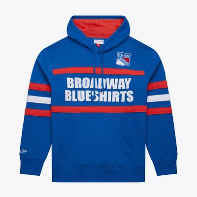 Sweat à capuche bleu Mitchell & Ness avec slogan de l'entraîneur-chef des Rangers New York pour homme