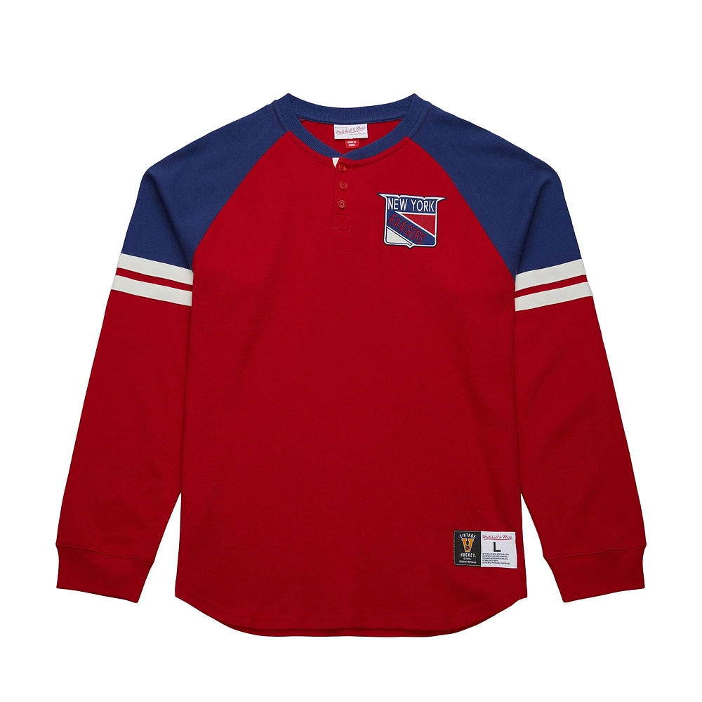 Men's Mitchell & Ness  Red New York Rangers Thermal Henley Long Sleeve T-Shirt