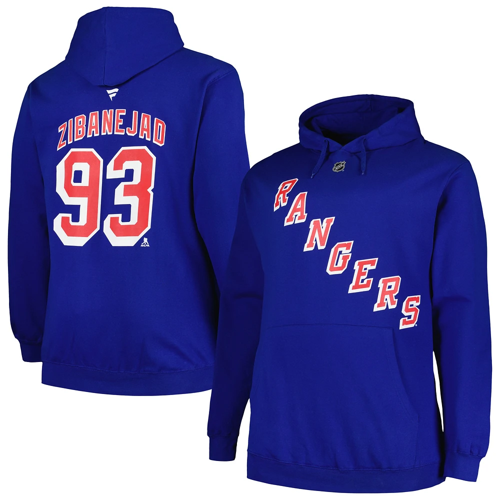 Profil pour hommes Mika Zibanejad Bleu New York Rangers grand et nom numéro Pull à capuche