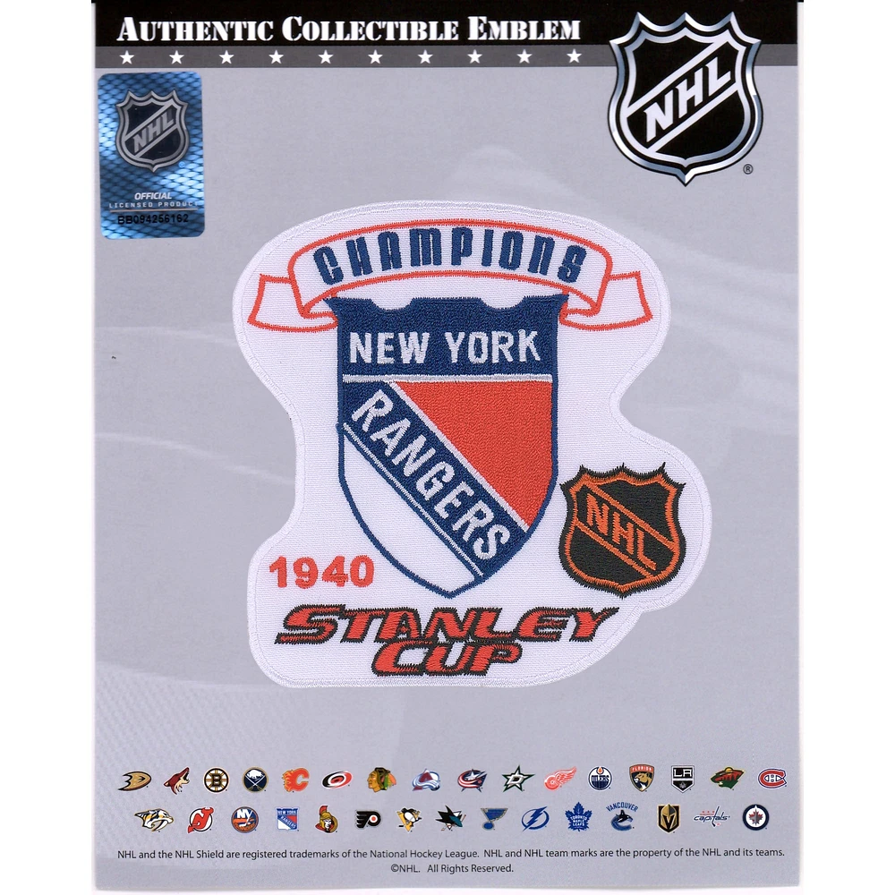 Écusson de maillot non signé des champions de la Coupe Stanley 1940 des Rangers de New York avec l'emblème national