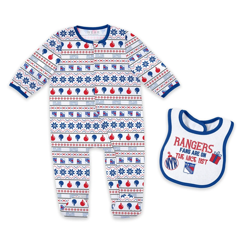 Ensemble de Noël pour nouveau-né WEAR by Erin Andrews avec pyjama et bavoir à fermeture éclair imprimé all-over des Rangers New York