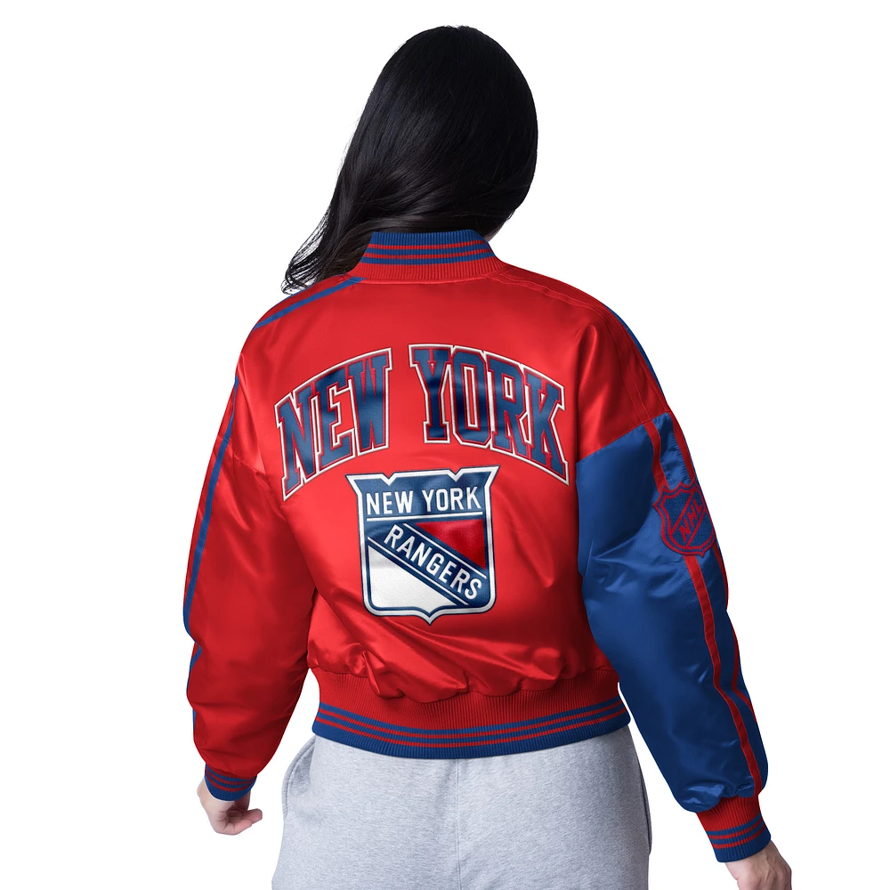 Women's Starter  Royal New York Rangers Zone Blitz Cropped Full-Snap Satin Jacket