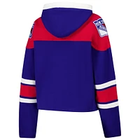 Sweat à capuche court bleu New York Rangers '47 pour femme avec col en V de qualité supérieure