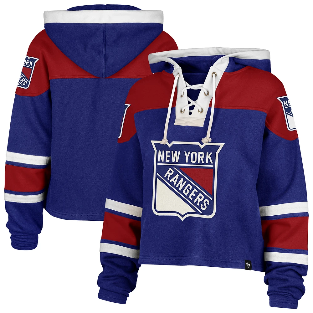 Sweat à capuche court bleu New York Rangers '47 pour femme avec col en V de qualité supérieure