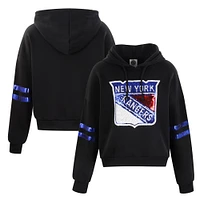 Women's Cuce Black New York Rangers Sequin Cropped Pullover Hoodie