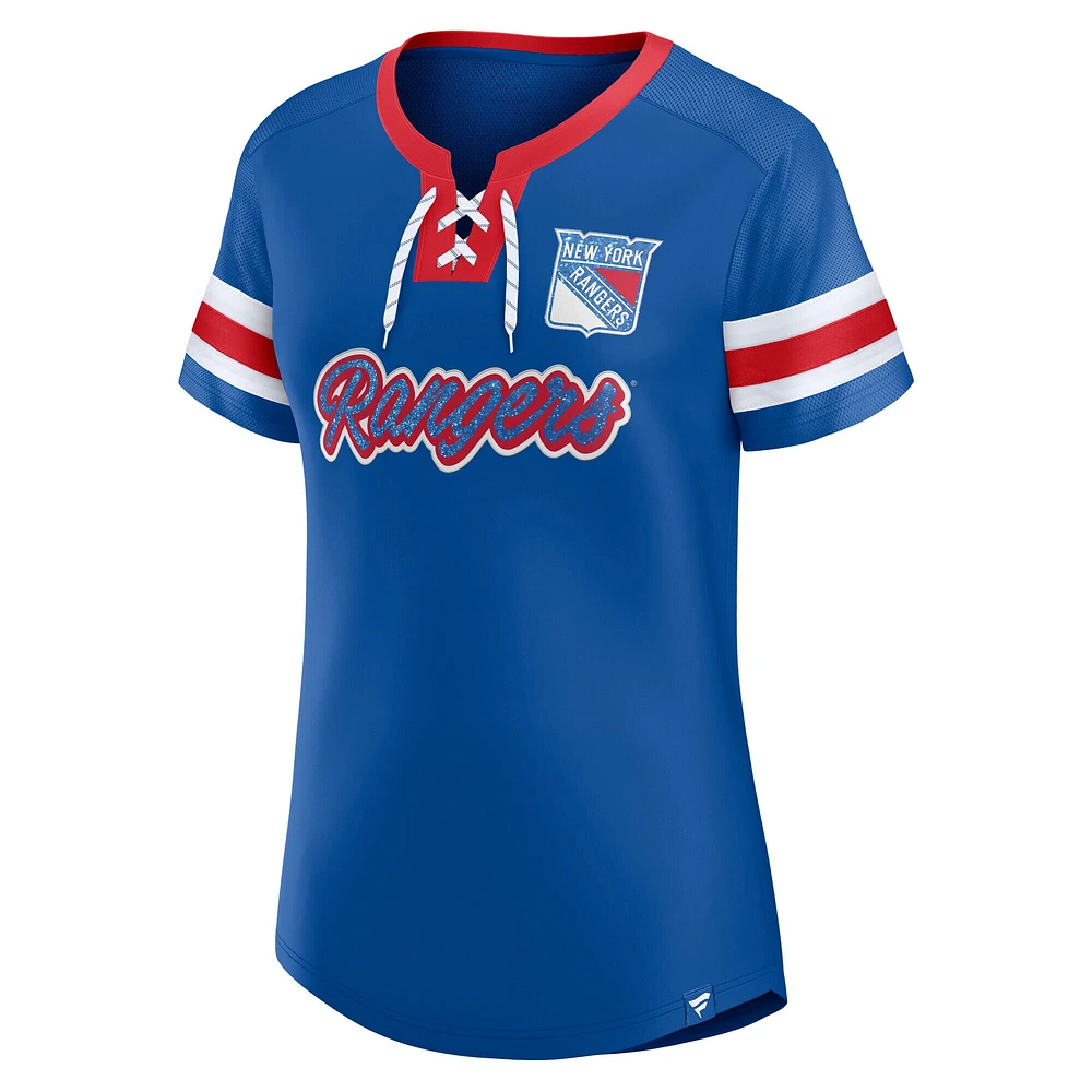 T-shirt à lacets emblématique Athena des New York Rangers bleu fanatiques pour femme