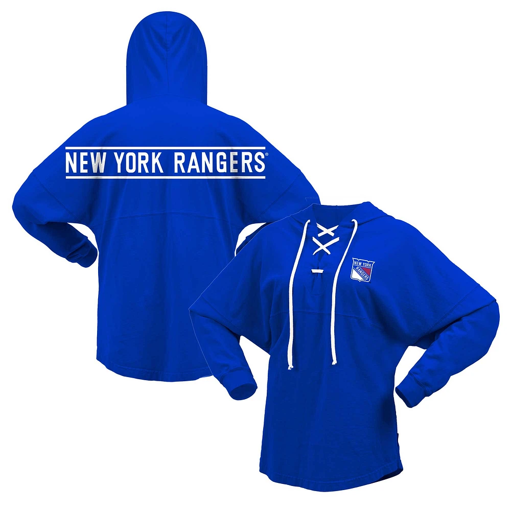 T-shirt à capuche manches longues et col en V lacets Fanatics pour femmes, bleu, New York Rangers