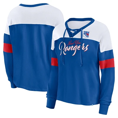 T-shirt à manches longues et col en V lacets pour femme Fanatics New York Rangers Take the Shot bleu