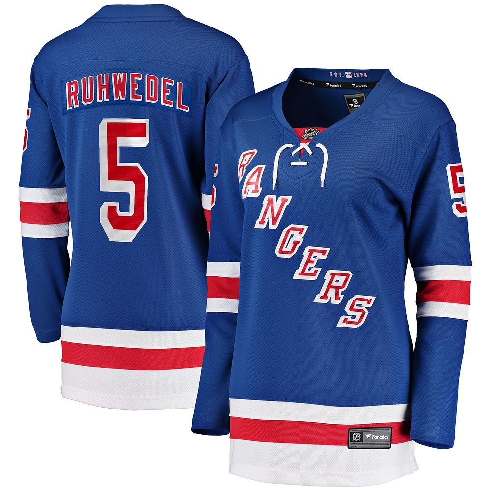 Maillot de joueur échappé à domicile des Fanatics Chad Ruhwedel New York Rangers, bleu, pour femmes