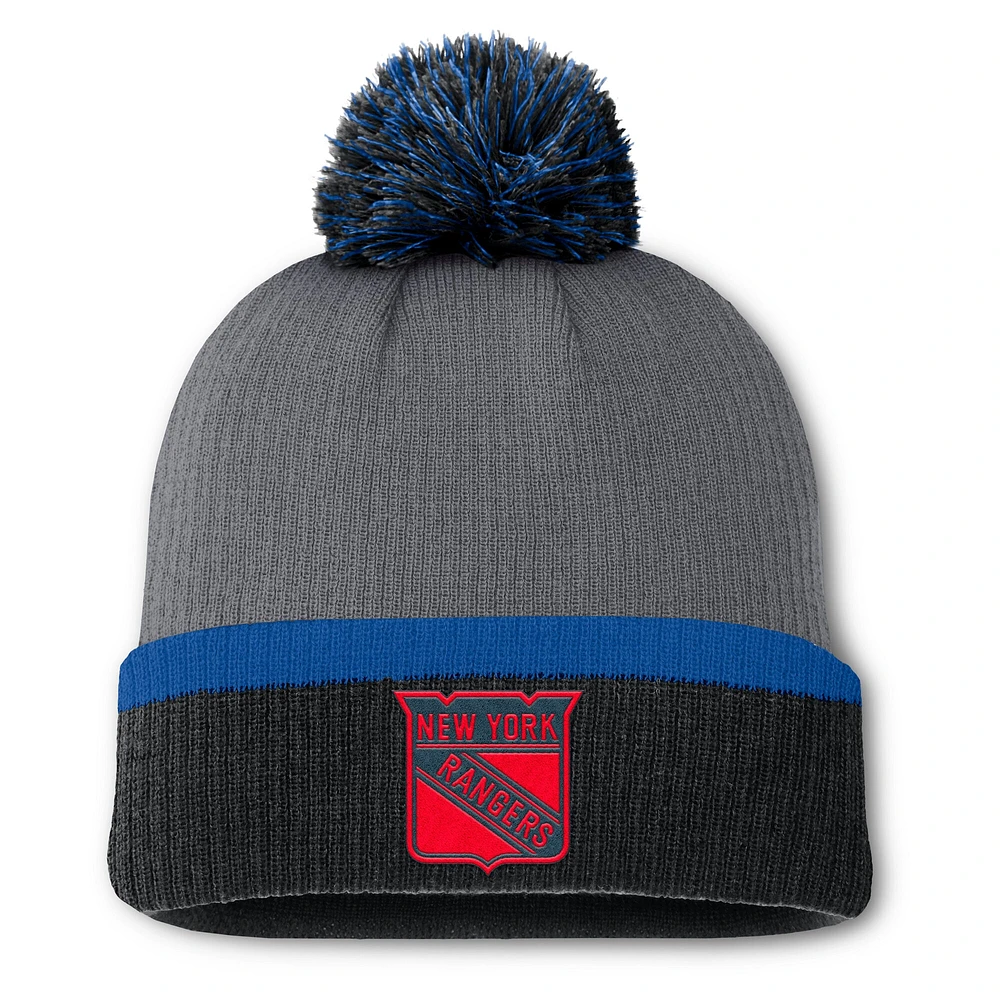 Bonnet en tricot à revers avec pompon pour femme Fanatics New York Rangers en charbon