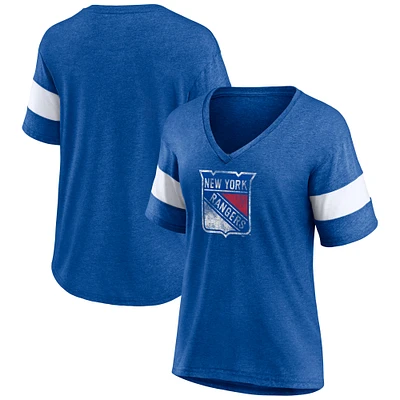 Women's Fanatics Heather Blue New York Rangers Distressed Tri-Blend V-Neck Half-Sleeve T-Shirt