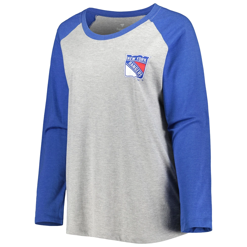 Fanatics pour femmes Mika Zibanejad Gris chiné/Bleu chiné New York Rangers T-shirt à manches longues raglan avec nom et numéro, grande taille