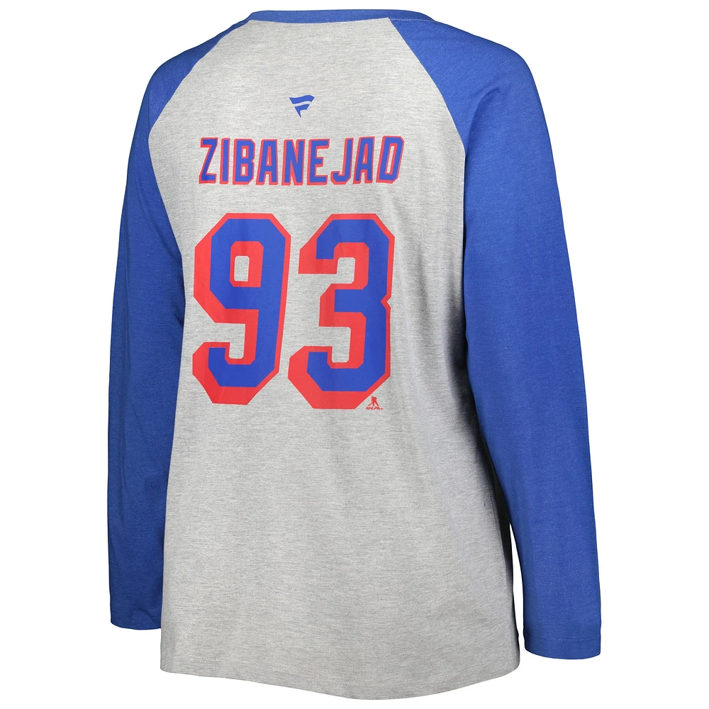 Women's Fanatics Mika Zibanejad Heather Gray/Heather Blue New York Rangers Plus Name & Number Raglan Long Sleeve T-Shirt