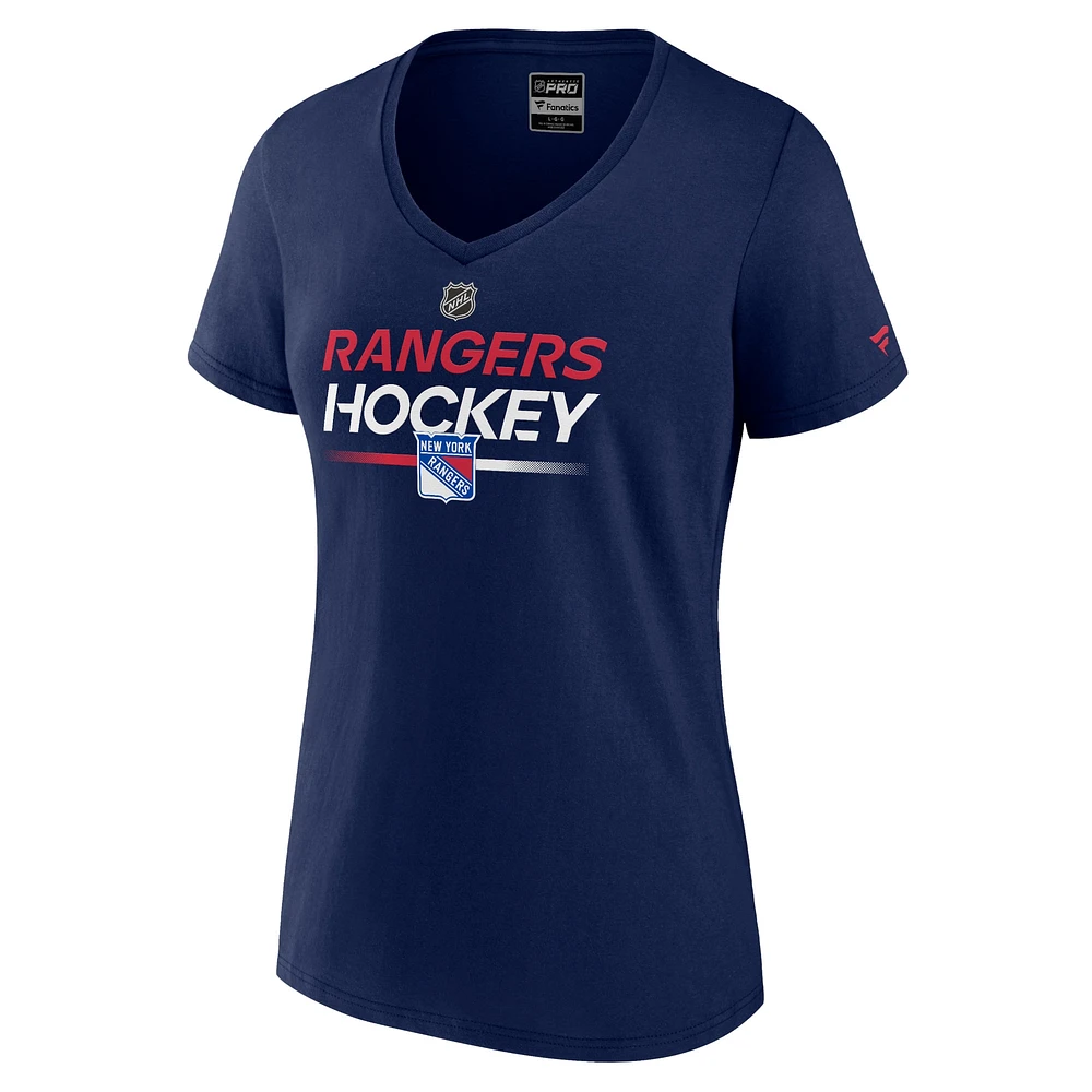 T-shirt à col en V authentique pour femme Fanatics bleu marine New York Rangers