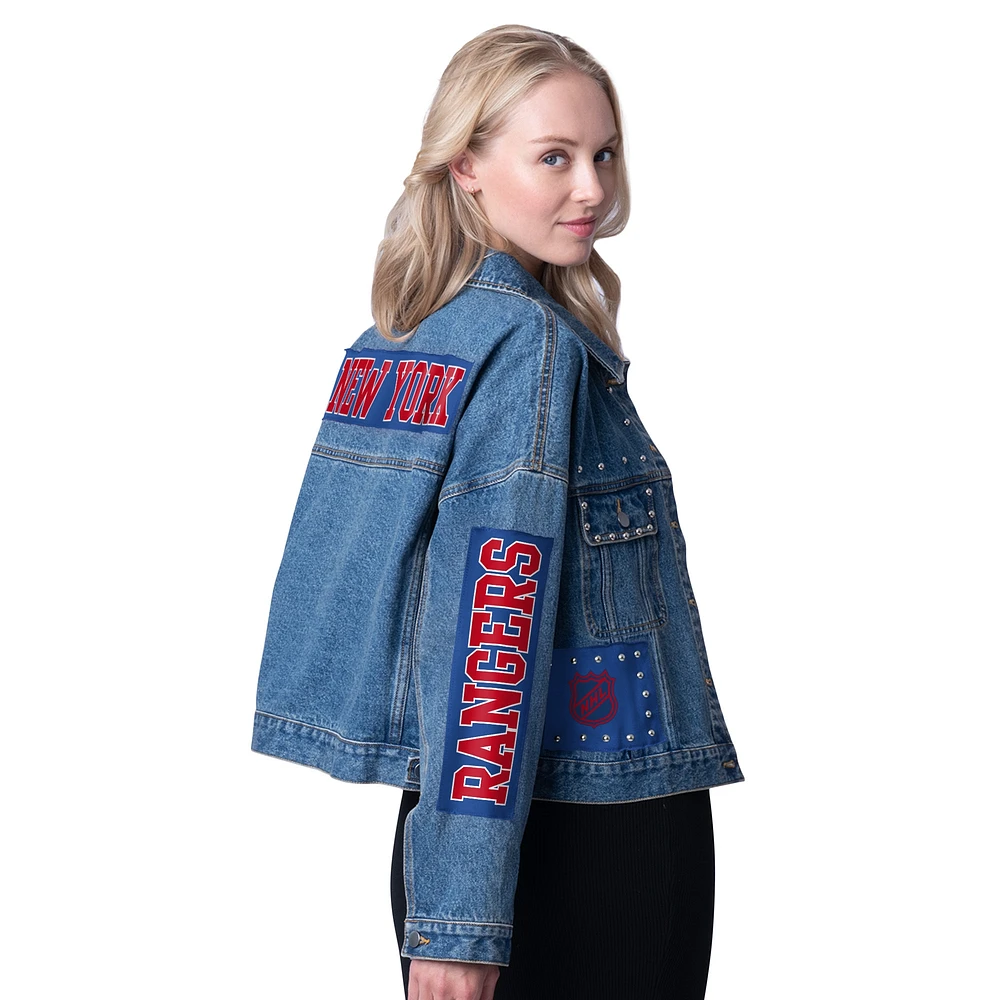 Veste courte en jean boutonnée G-III 4Her by Carl Banks pour femme, motif Game Ball des Rangers de New York