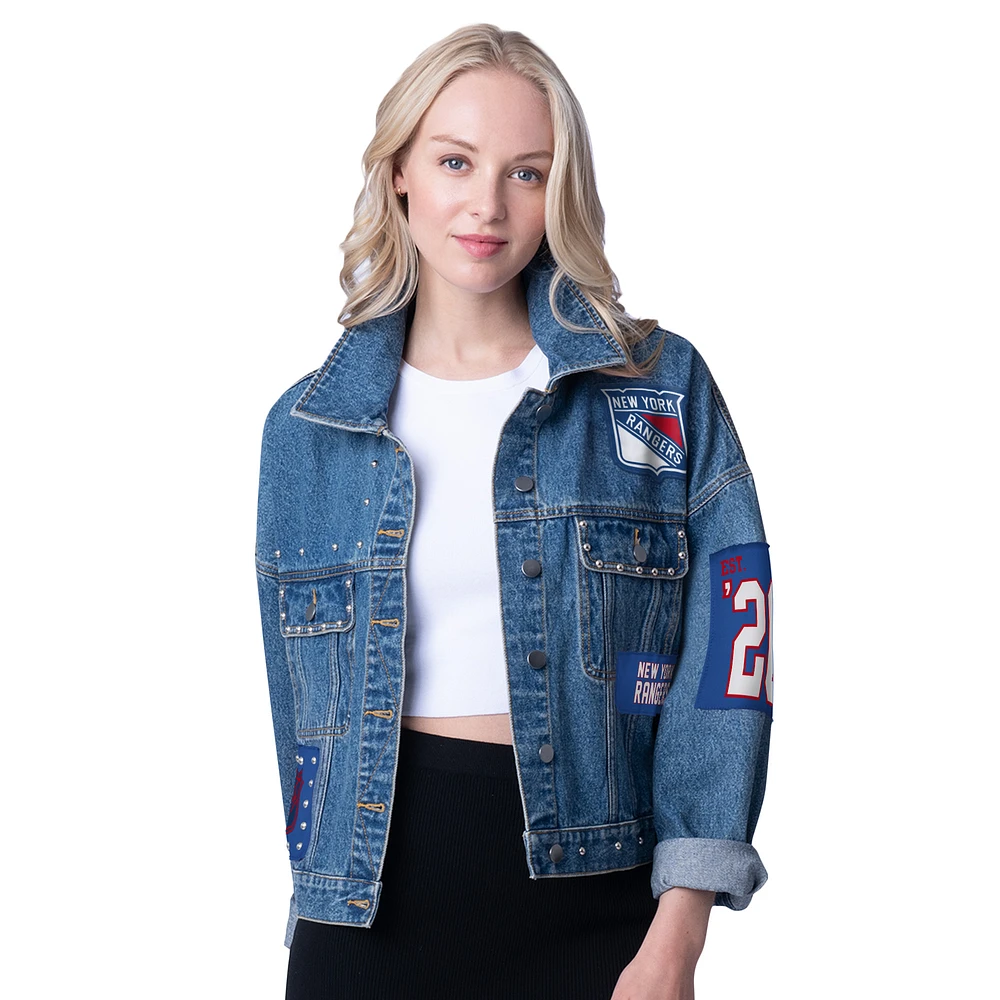 Veste courte en jean boutonnée G-III 4Her by Carl Banks pour femme, motif Game Ball des Rangers de New York