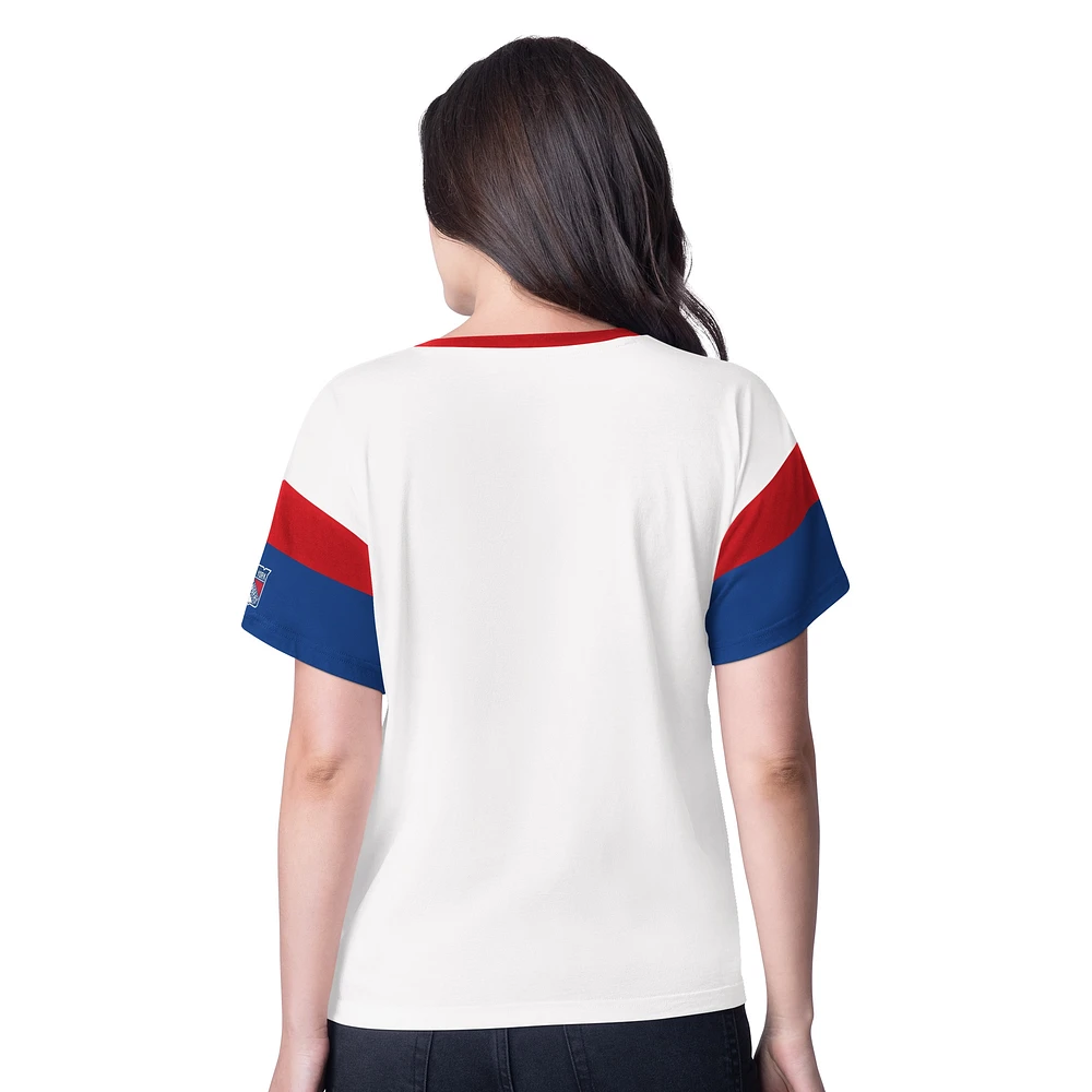 T-shirt à col en V surdimensionné avec strass G-III 4Her by Carl Banks pour femme, motif New York Rangers, blanc