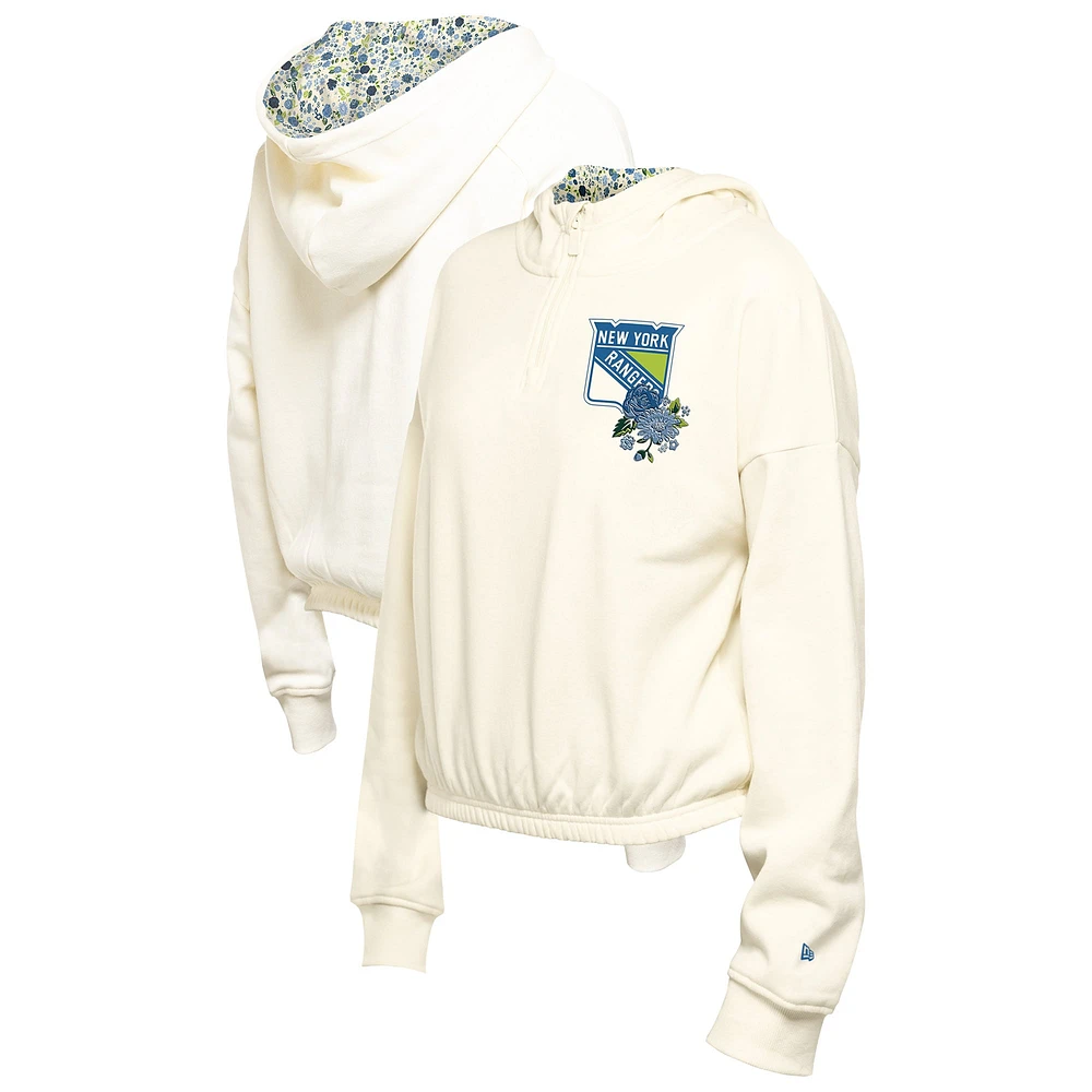 Women's New Era Cream York Rangers Glam Game Quarter-Zip Cropped Floral Hoodie Pullover